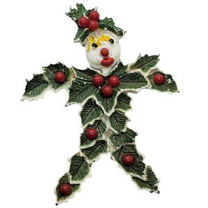 Vintage 1960s Beatrix Red White Green Enamel Holly Scarecrow Man Pin, Signed